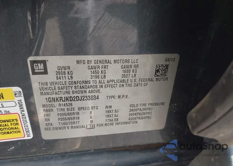 2013 Chevrolet Traverse 2Lt z USA, uszkodzony, nr VIN 1GNKRJKD2DJ233034